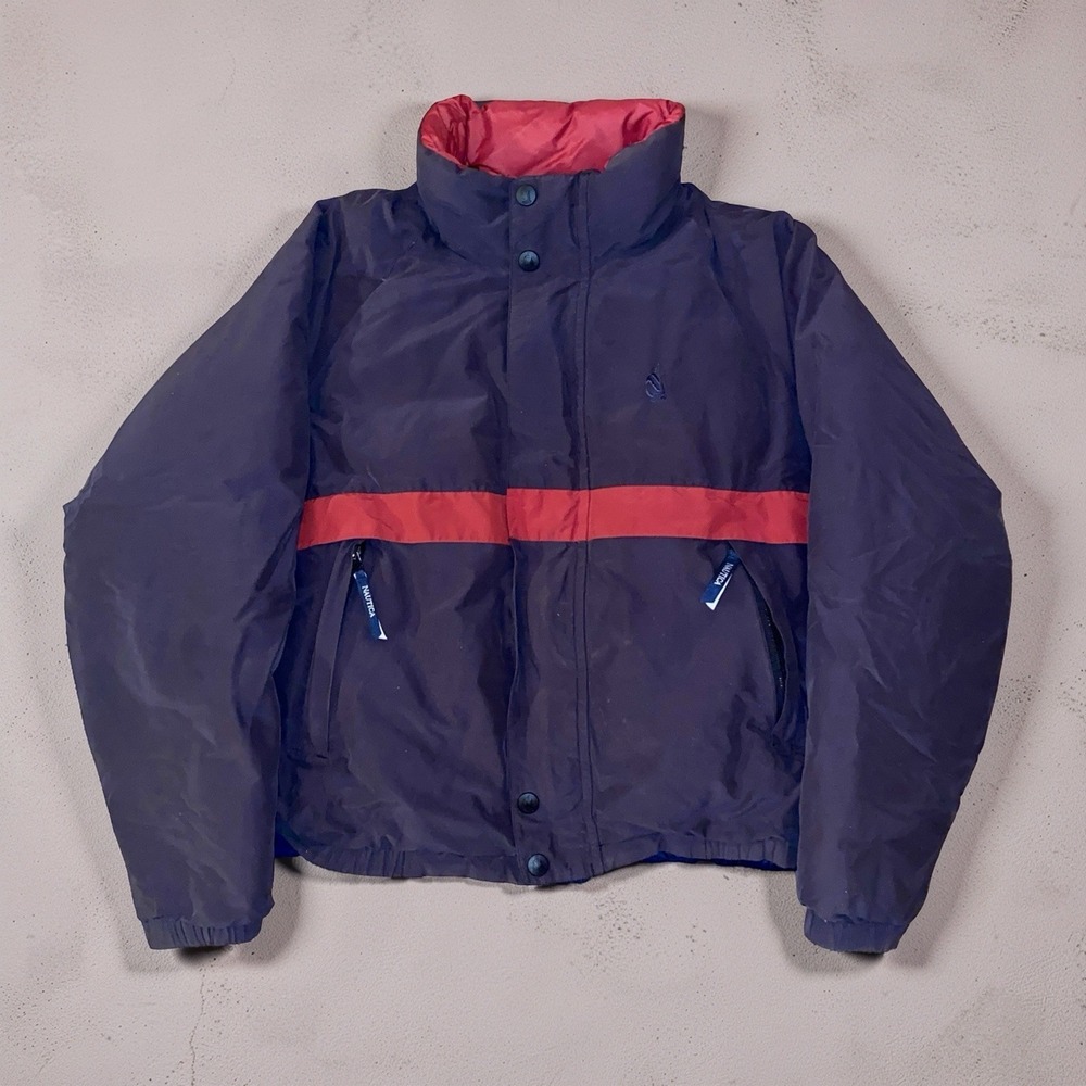 Nautica Mens XL Reversible Down Filled Puffer Jacket Blue Red
